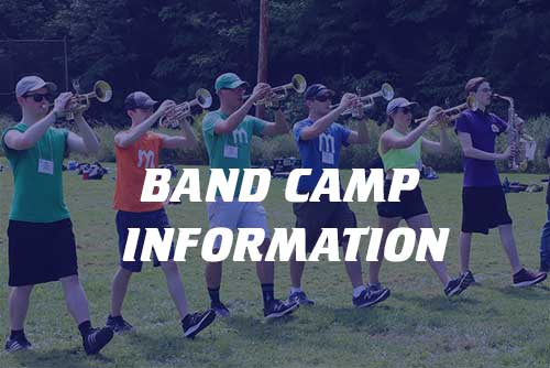 Five trumpet players and one saxophone player marching in a straight line during band camp with Band Camp Information printed over it